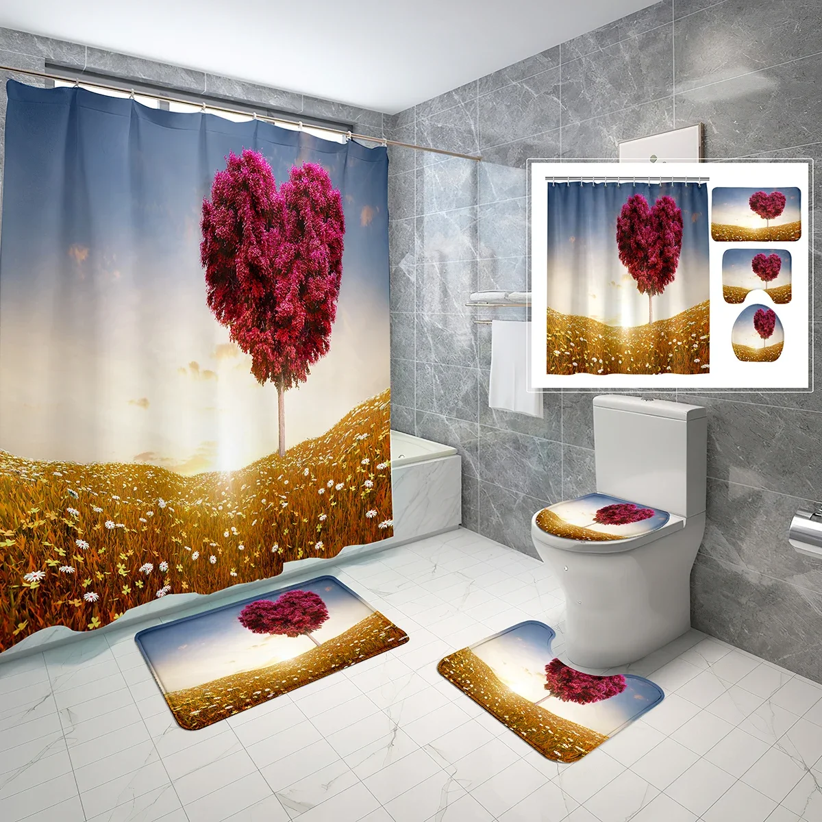 4 Pcs Love Heart Shower Curtain Sets Romantic Red Love Hearts Tree Non-Slip Bath Mat Toilet Cover Waterproof Shower Curtain Set