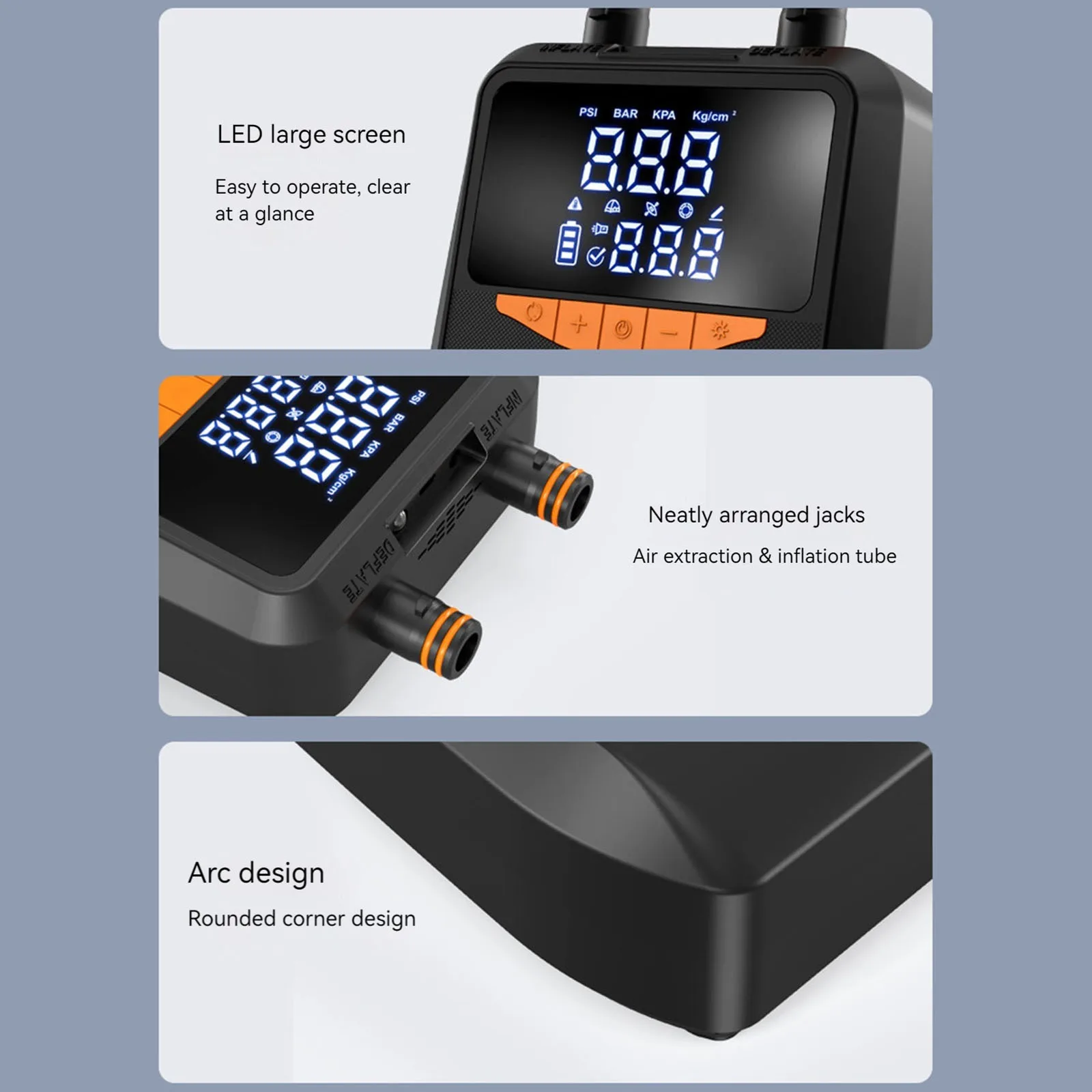 6000mAh Intelligent Dual Stage Inflation&Deflation Pumps with Digital Display&Cigarette Lighter Plug for Boats Surfing Kite Tent