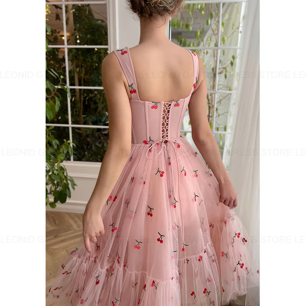 LEONID Exquisite Evening Dresses 2024 A-Line Square Collar Prom Party Gowns Lace Up Cherry Pattern Tulle Formal Occasion Dresses