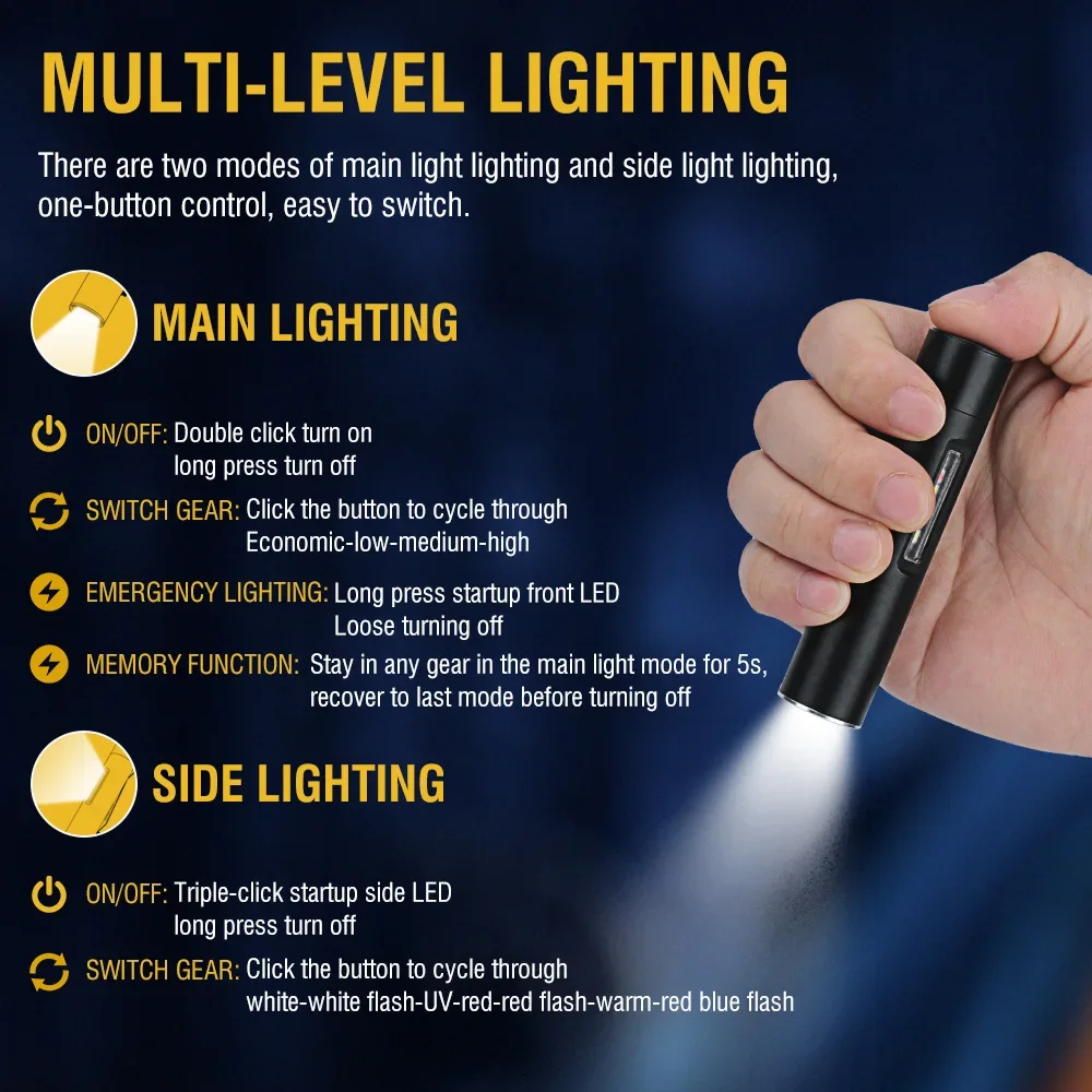BORUiT V5 UV LED Flashlight 500LM Type-C Rechargeable Work Light Torch with Clip Waterproof Camping Lantern