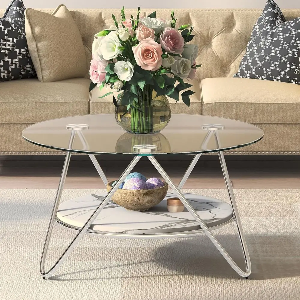 

Modern 2-Tier Faux Marble Coffee Table with Storage, Tempered Glass Top and Metal Frame for Living Room