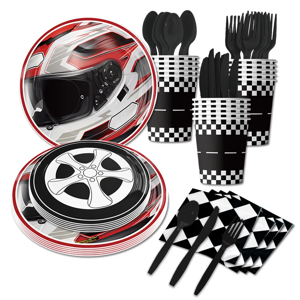 Racing Car Motorcycle Theme Party Disposable Tableware Black White Tablecloth Plates Cups Kids Motorcycle Birthday Party Decors