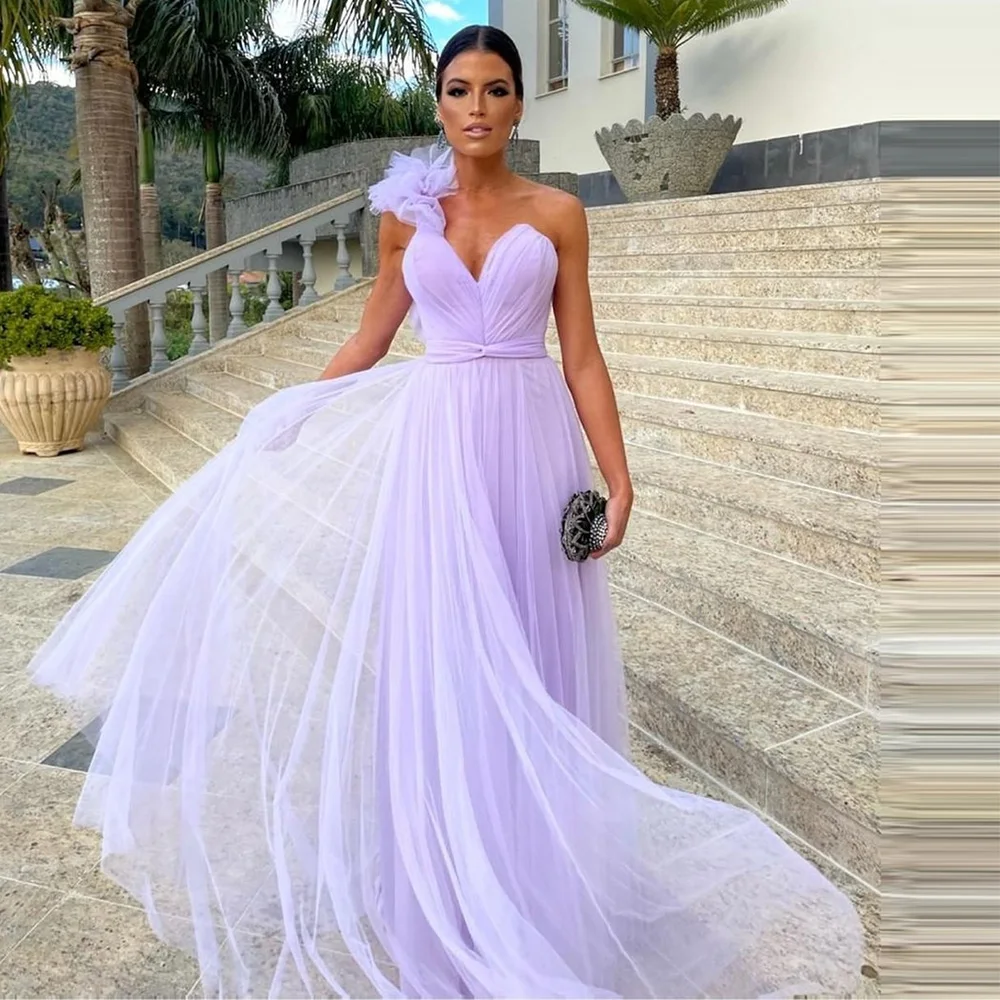 Sevintage Elegant Lavender Tulle Prom Dresses One Shoulder Sleeveless Pleat Ruched A-Line Evening Gowns Formal Party Dress 2023