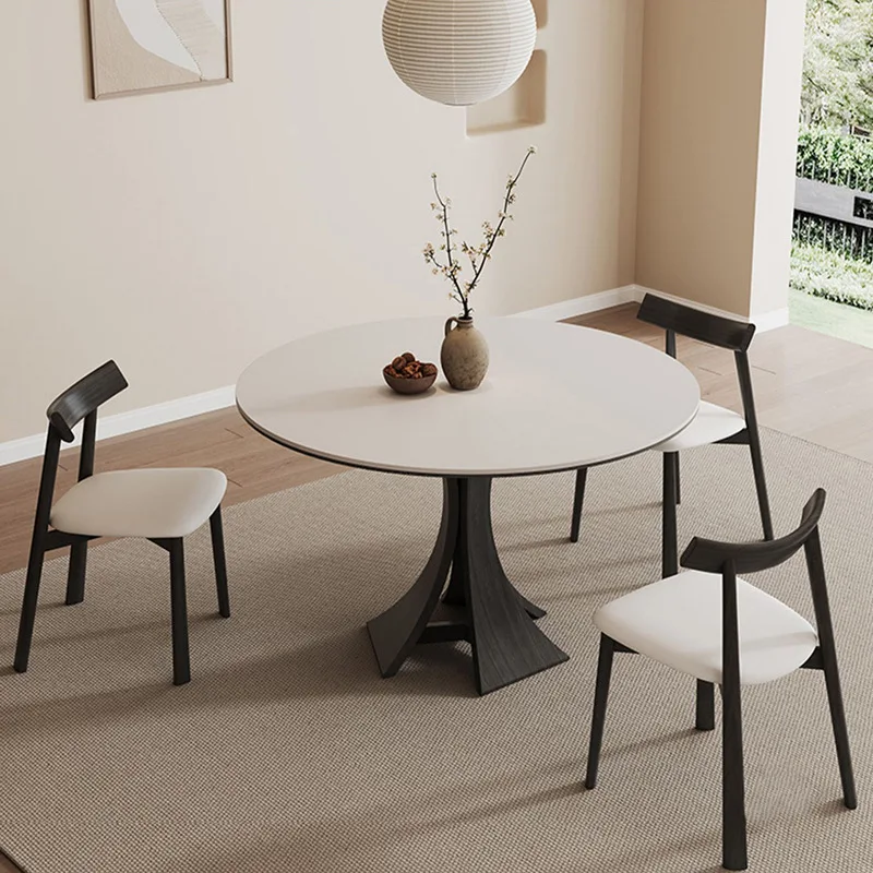 HYS retro solid wood dining table round table household small apartment round modern simple pure white rock slab dining table