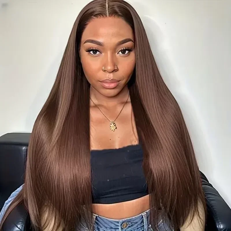 

36 Inches Chocolate Brown Lace Front 100% Human Hair Wig Pre Plucked Dark Brown Bone Straight 13x4 13x6 HD Lace Frontal Wigs