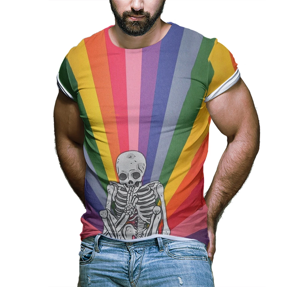 

Neon Skull Rainbow Graphic T-shirts Funny Fashion Skeleton O-Neck Men's Tshirt Summer Vintage Oversized Women's Tops Tees Camisa