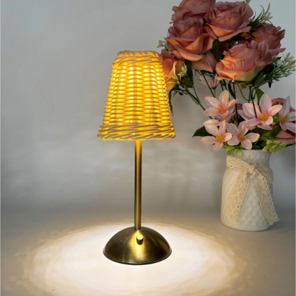 LED Rattan Desk Lamp 12X5 inch Rechargeable Table Lamp Wireless Bohemian Wicker Night Light for Hotel Bar Bedroom Decor Light