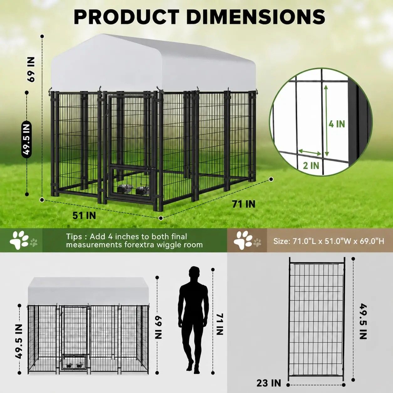 6x4x6 FT Outdoor Dog Kennel Large Dogs Silver Roof, Customized