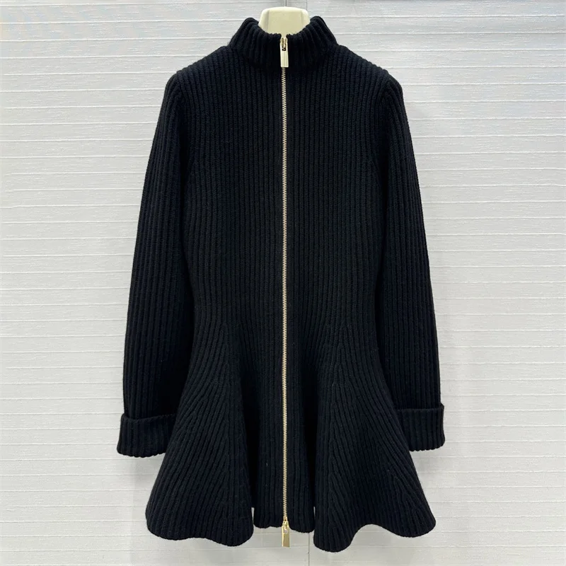 Damenkleider 2025, Winter, neues elastisches Strick-Minikleid, Wollmischung, halbhoher Ausschnitt, kurzes Kleid, halbhoher Ausschnitt, plissiertes Kleid y2k