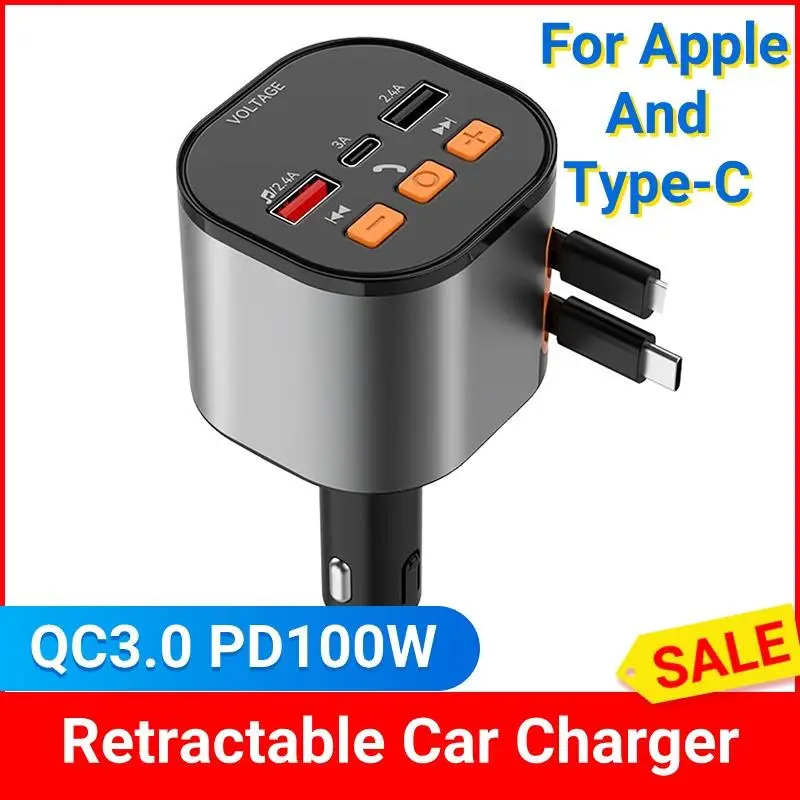 

100w 6 In 1 Retractable Car Charger USB Type C Cable Car Bluetooth Fast Charging Cigarette Lighter Adapter For IPhone