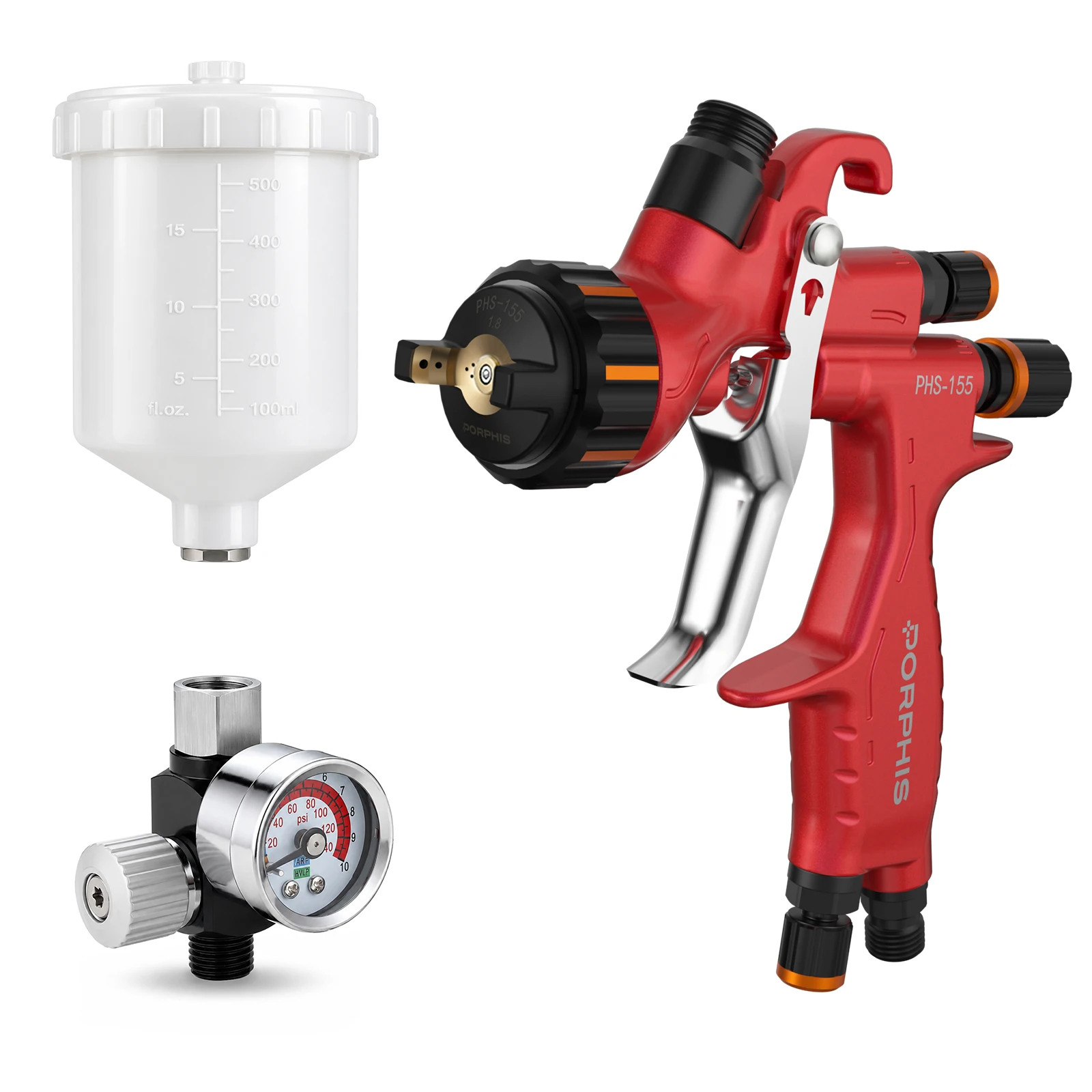 PORPHIS PHS-155 MP Spray Gun with Air Pressure Regulator Gauge Fine Atomization Fast Spraying for Primer Basecoat Refinish