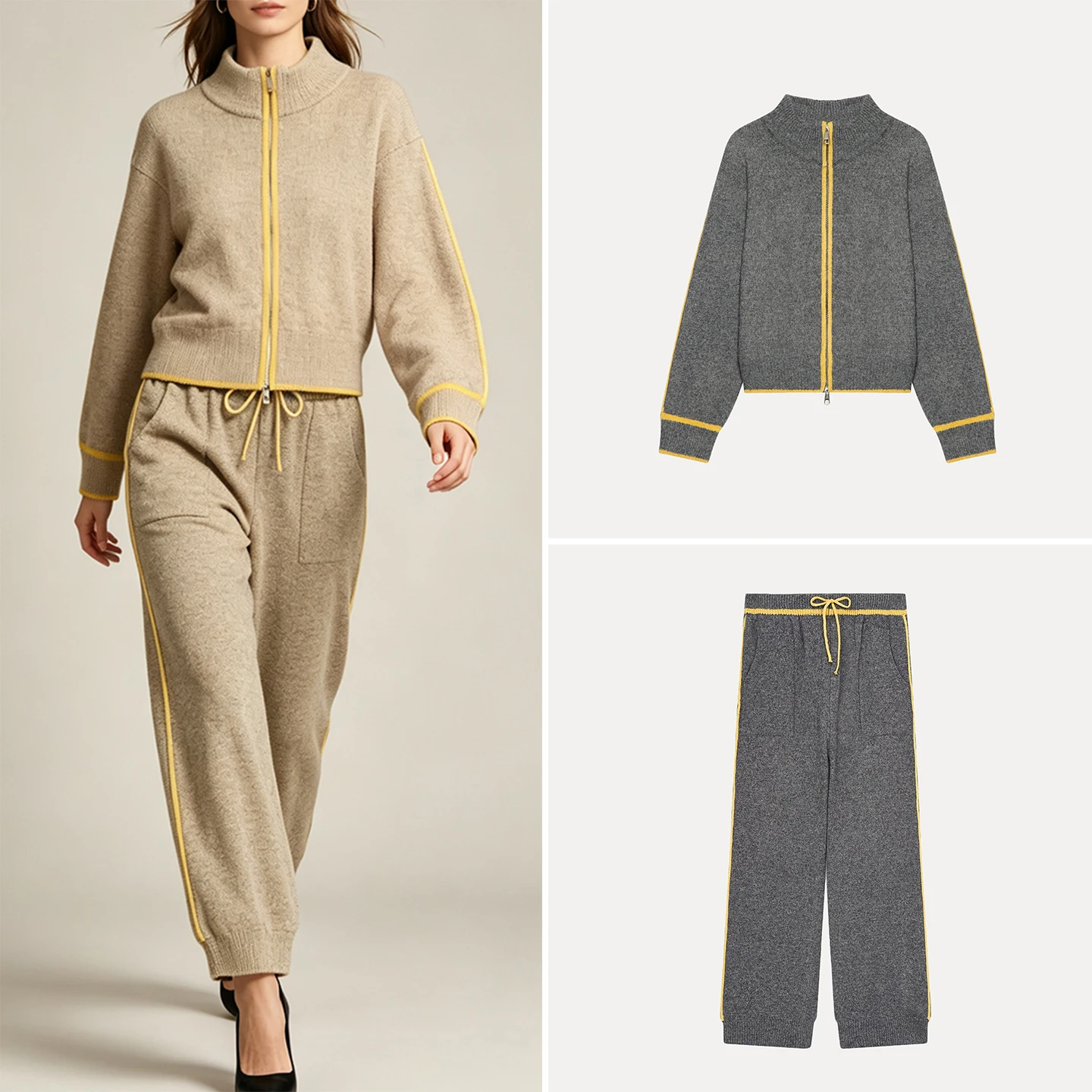Women's Fashion Knitted Jacket Loose Pants Set Dual Zipper Contrast Color Versatile Autumn Collection Two-Piece Suit
