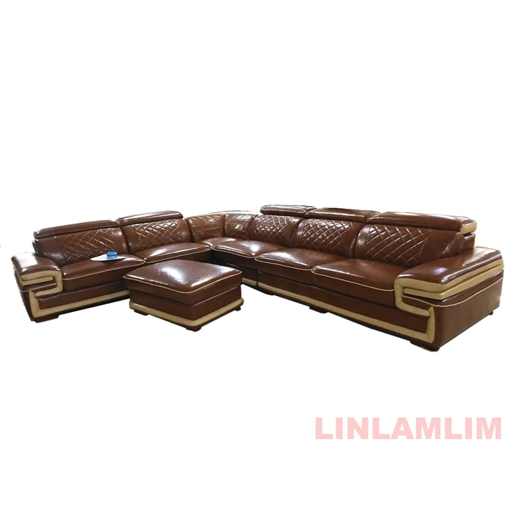 MINGDIBAO Modern Leather Sectional Sofa Set with Console, Storage and Speaker | Big Living Room Couch With Adjustable Headrests