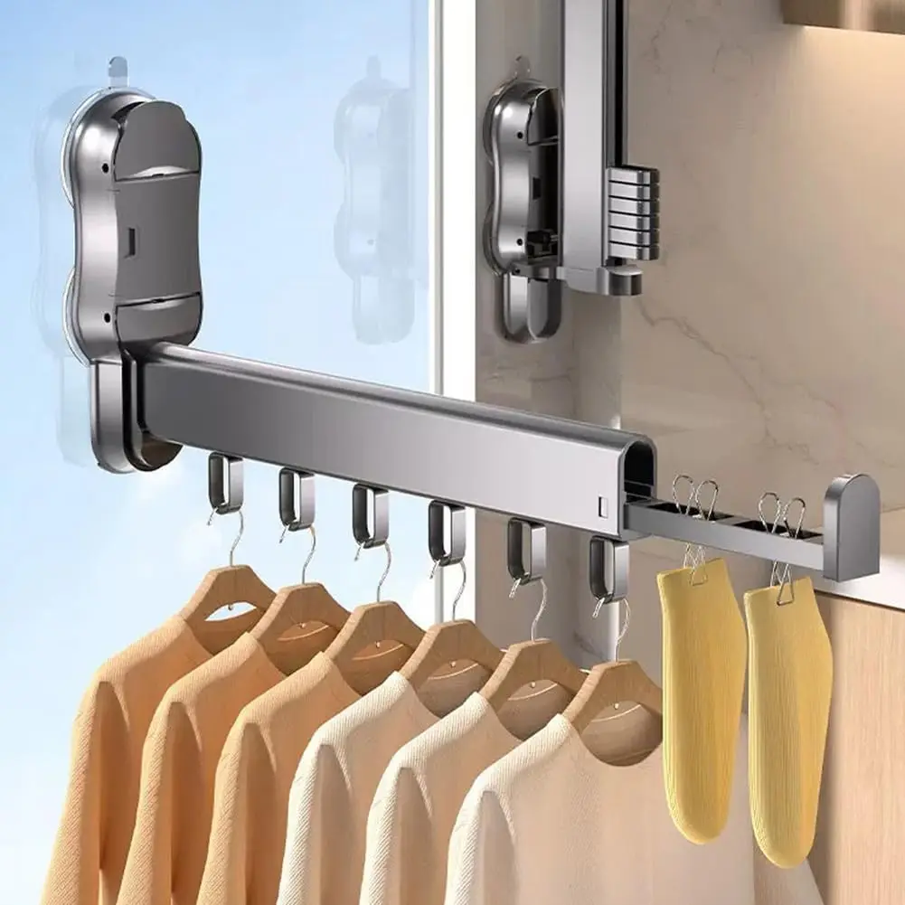 Klappbarer Wäscheständer, wandmontierter, beweglicher Wäschestangenhalter mit Saugnapf, 4 Clips und 6 Haken, platzsparend für Wohnmobil, Balkon, Waschküche, Badezimmer, flexibles Aufbewahren und