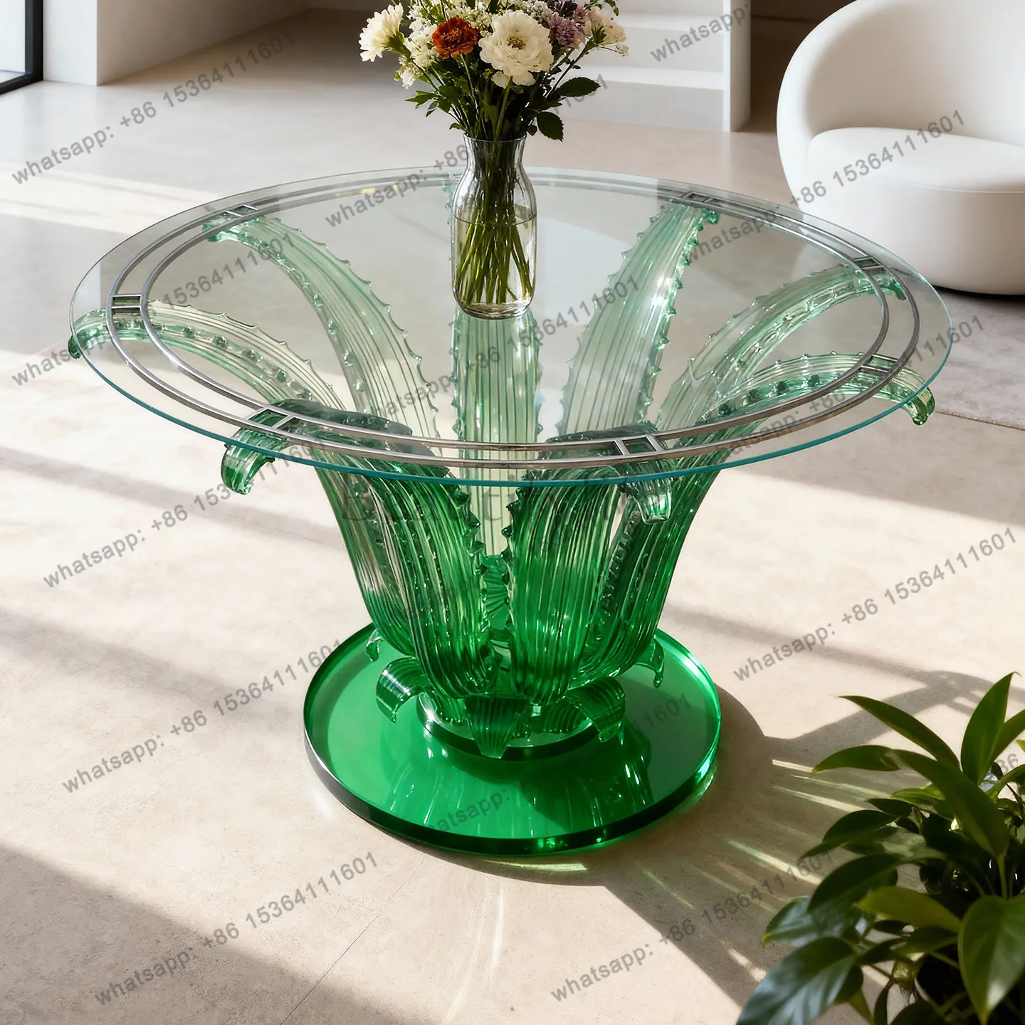 Transparent crystal round tempered glass dining table 2026 new art flower arrangement