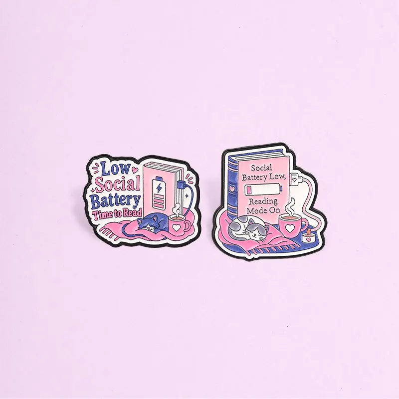 Social Battery Enamel Badges Book Cat Coffee Pink Cartoon Pins Cozy Introvert Quote Brooches Lapel Pin Set Jewelry Gifts