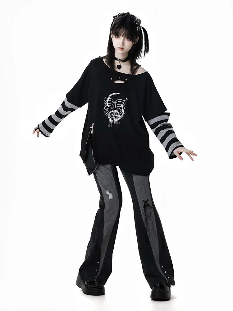 2025 Summer New American Retro Style High-waisted Denim Pants Slim Fit Strap Splicing Irregular Waist Seal Jeans Women's Clothes