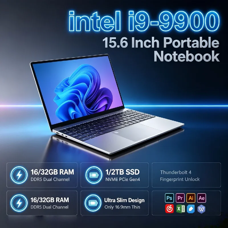Intel Core i9 9900 15.6 Inch Laptop 32GB DDR4 512GB 1TB NVMe SSD 8C 16T 5GHz Ultra Slim Gaming 1920x1080 Office Pro