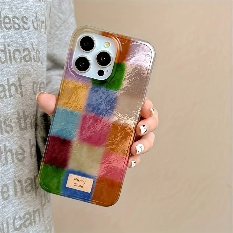 Coque de téléphone rétro colorée à motif carré en feuille métallisée pour iPhone 17 16 15 14 13 12 11 Pro Max XS XR 7 8 Plus, motif IMD