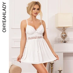 Ohyeahlady Solid White Women Nightgown Elegant Floral Lace Nighty Sleepwear Breathable Plus Size Sexy Babydoll Lingerie with Bow