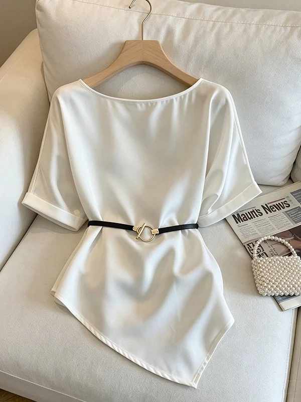

Summer New plus Size Women's Shirt Regular Sleeve round Neck Korean Style Commute Wind Asymmetric Hem Slimming Waist Design