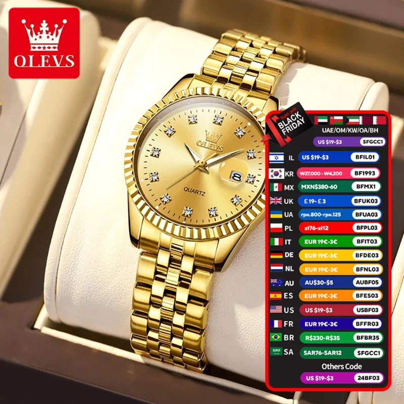 OLEVS Orologi da donna Orologio al quarzo per donna Business Luxury Orologio da polso in stile oro Staninless Stee Data Impermeabile Luminoso 5526