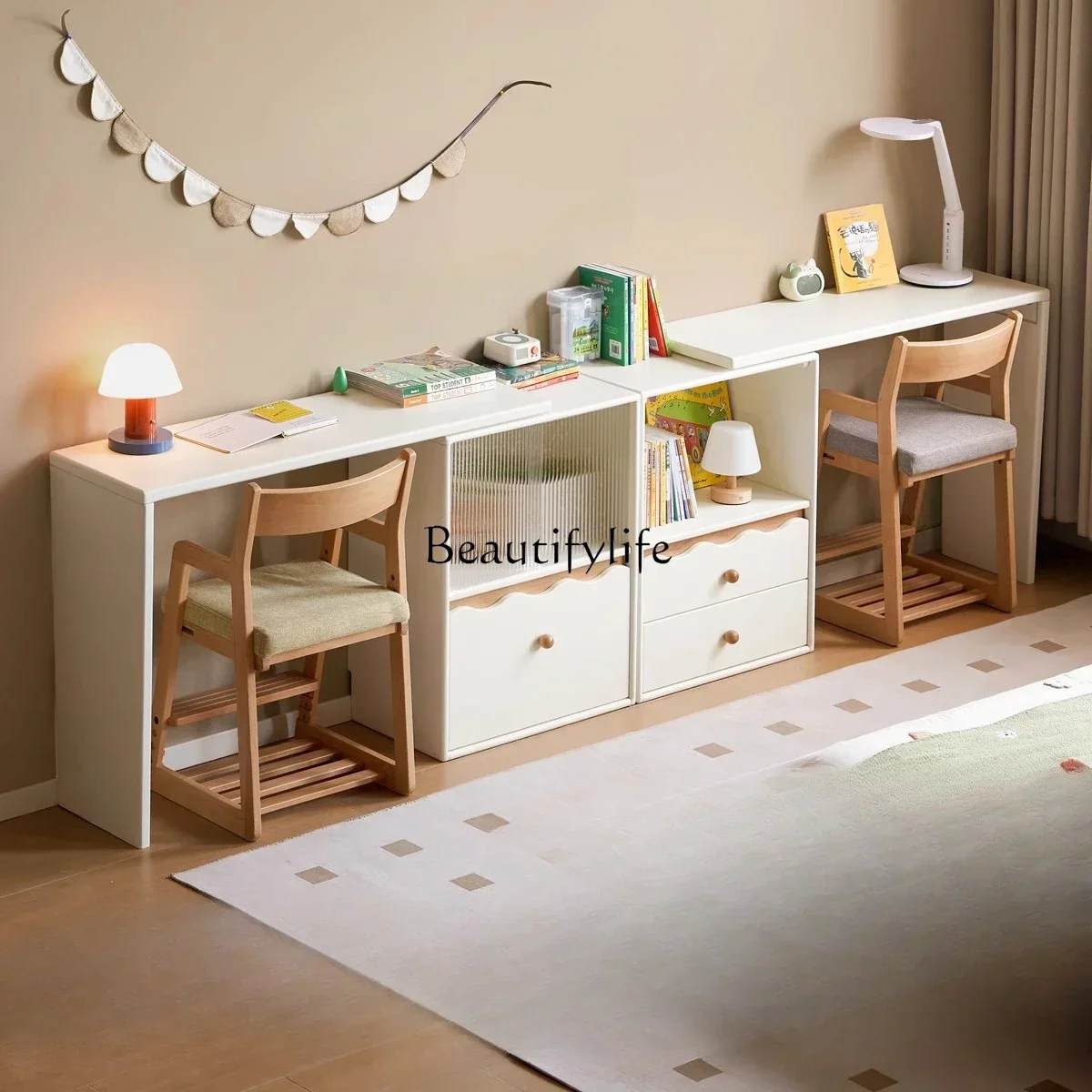 

3 Solid Wood Desk and Bookshelf Combination Study Desk Cream Style for Two People