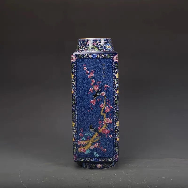 Chinese Blue Enamel Porcelain Vase Qing Qianlong Flowers Birds Design 11.4 inch