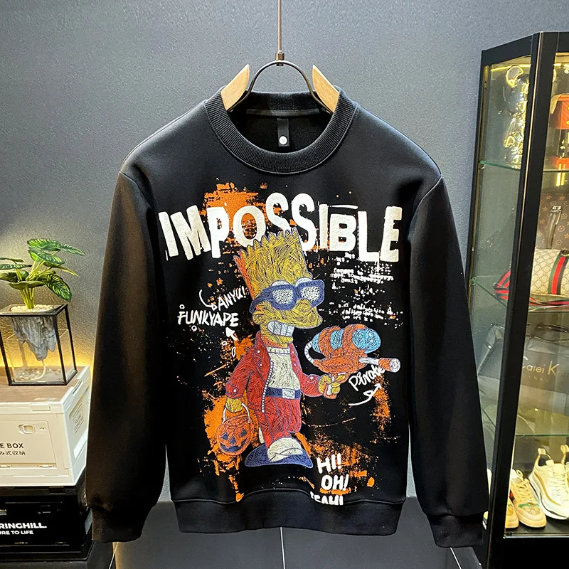 2024 Autumn New Cartoon Printed Hoodie Men's American Street Trend Fashion Sweater High end Round Neck Long Sleeve Top