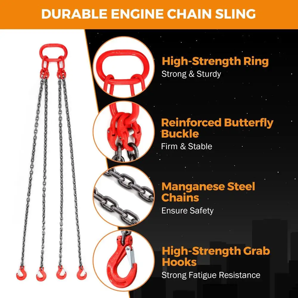 Industrial Engine Hoist Lifting Chains 6 Ton 5/16 Inch x 5 Foot Heavy Duty Chain Slings with Grab Hooks High Load Capacity