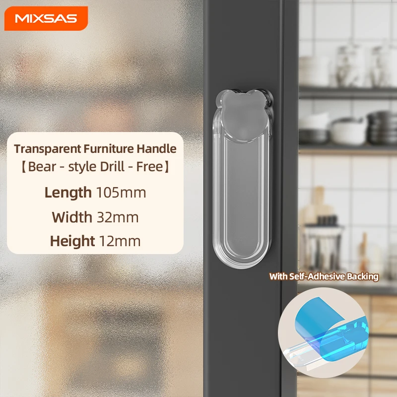 

MIXSAS Self-Adhesive Sliding Door Handles Transparent Kitchen Cabinet Pull Glass Acrylic Door Pulls Bear Window Door Handle