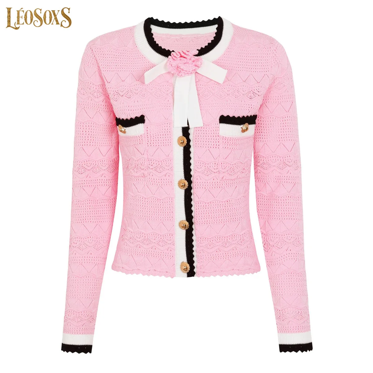 LEOSOXS Summer Autumn Women Knitted Pcs Set Bow Color Block Long Sleeve Cardigan And Elegant Skirt For Daily Wear
