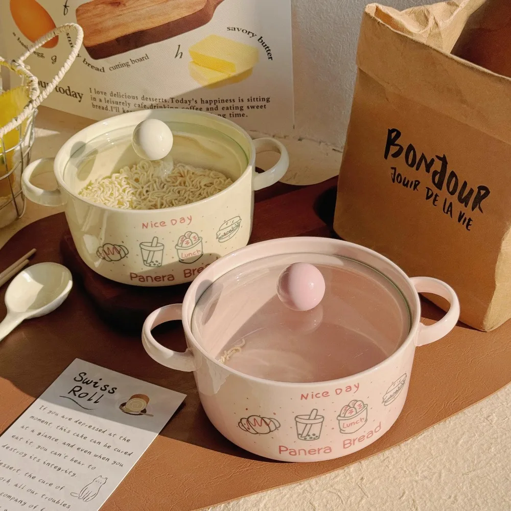 

Миска Kawaii Boba Ramen с ложкой и палочками для еды, кухонная посуда, милая японская керамика, лапша быстрого приготовления, фруктовый салат, суповая миска