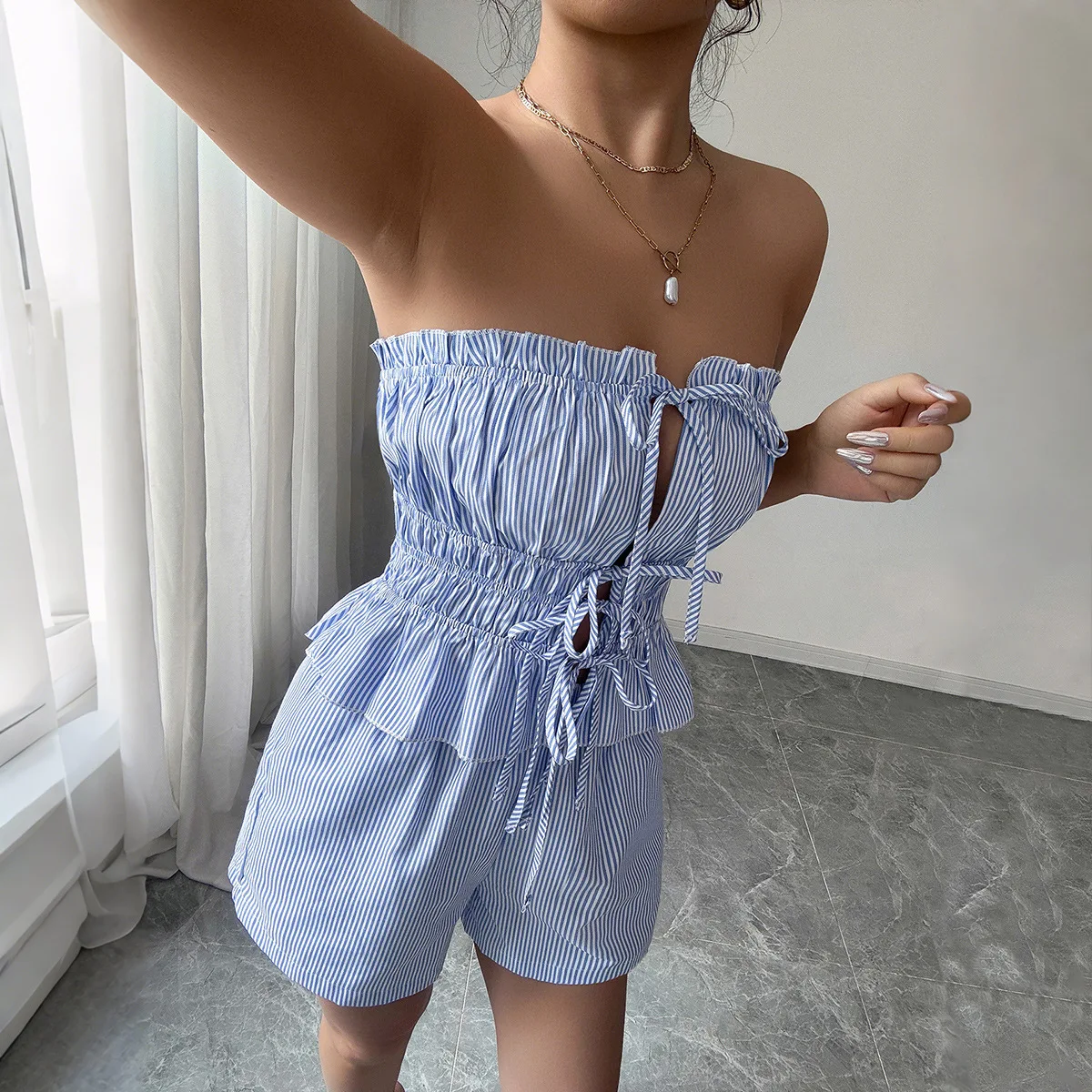 

Shorts Pant Set Women Two Piece Sets Strapless Matching Sets Sexy Tops Short Pants High Waist Y2k Streetwear Elegant Work