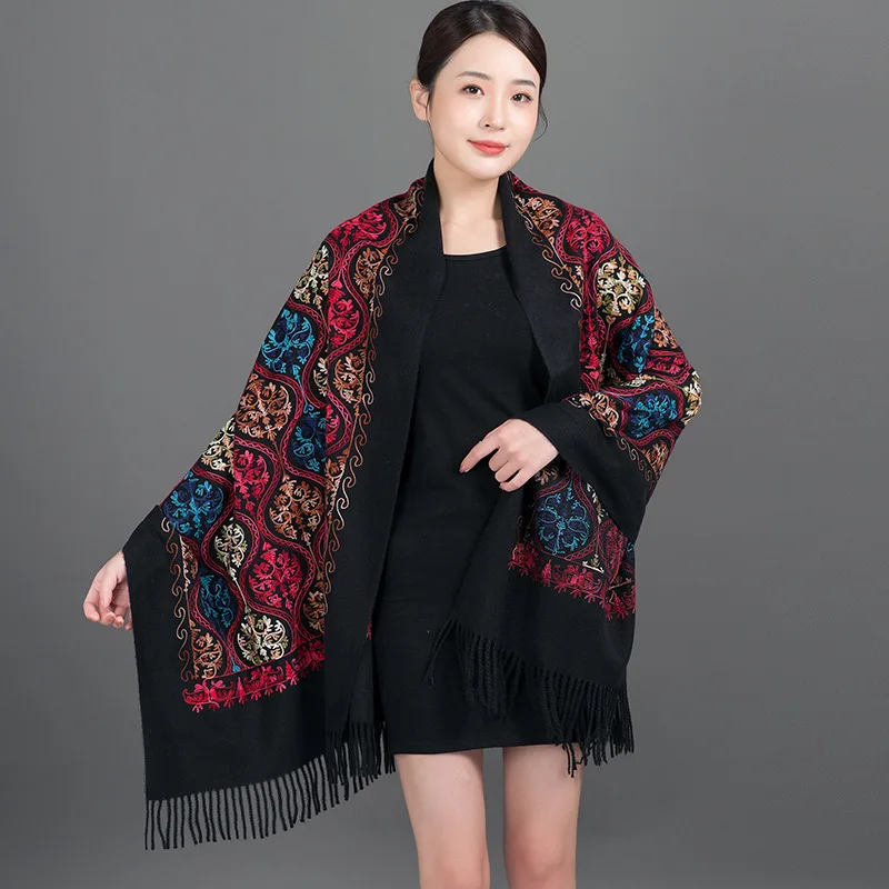 Long Tassel Embroidered Scarf For Women National Black/Camel/Fuchsia Female Shawl Thicker Warm Cashmere Wraps And Ponchos