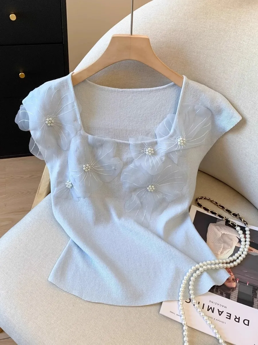 

Женская летняя трикотажная футболка Slim Fit с коротким рукавом в стиле Dopaamine: очень милый дизайн, модный топ с рукавами-крылышками