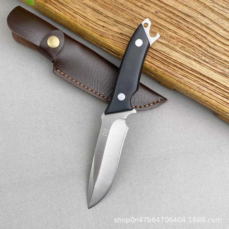 Solid wood handle +D2/Laser feather pattern outdoor knife handmade knife fruit knife high hardness straight knife