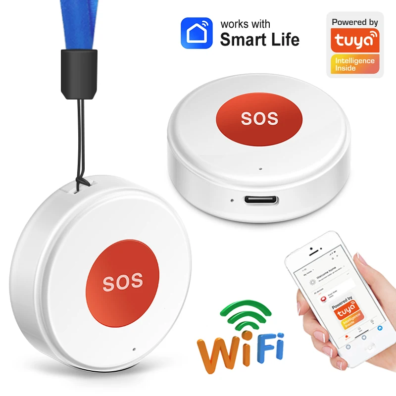 Tuya WiFi SOS Panic Call Button Smart Life APP Rechargeable Battery One Key Alarm For Patient Kids Elderly Man Hanging Rope