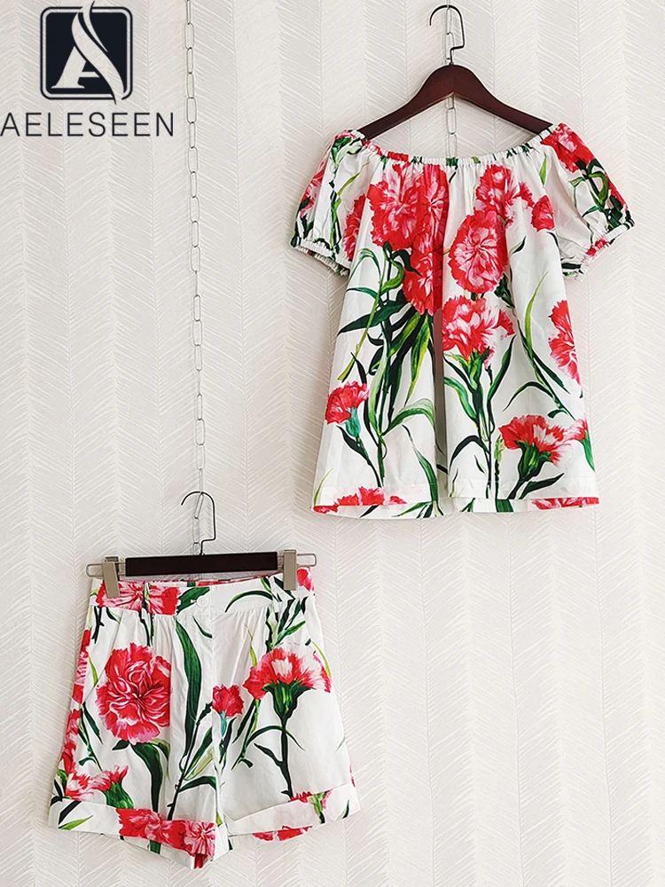 

AELESEEN 100% Cottot Spring Summer Women Sicilian Short Set Slash Neck Top + High Waist Shorts Flower Printed 2 Pieces Set