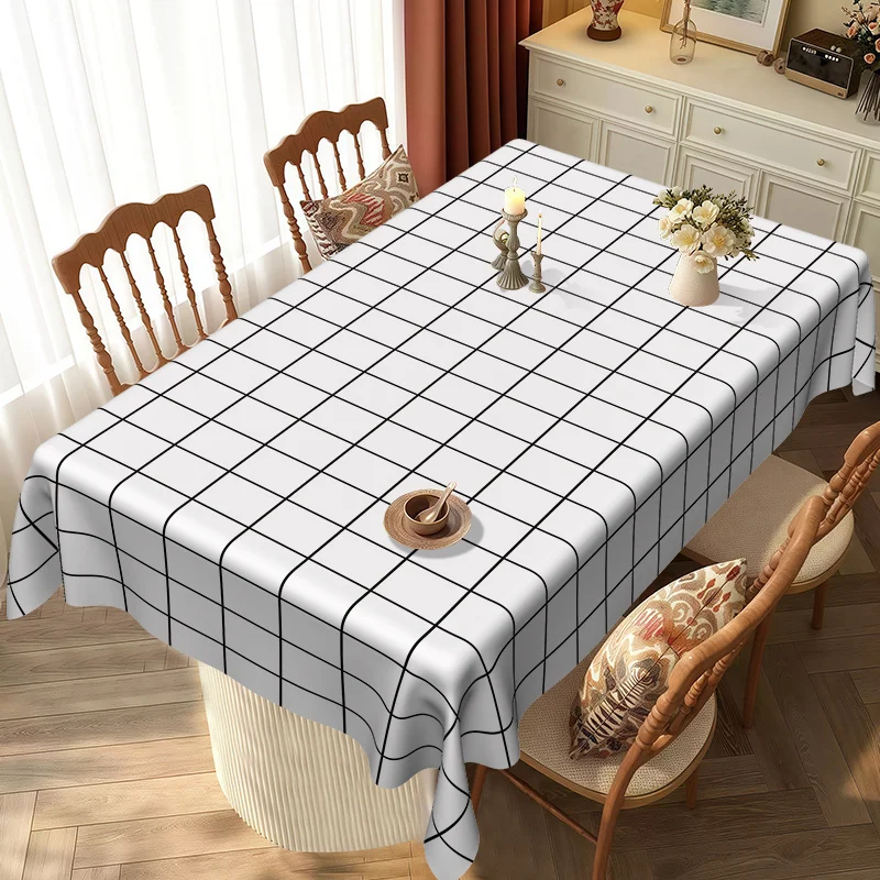 One tablecloth with a simple grid design, enhancing the overall atmosphere.