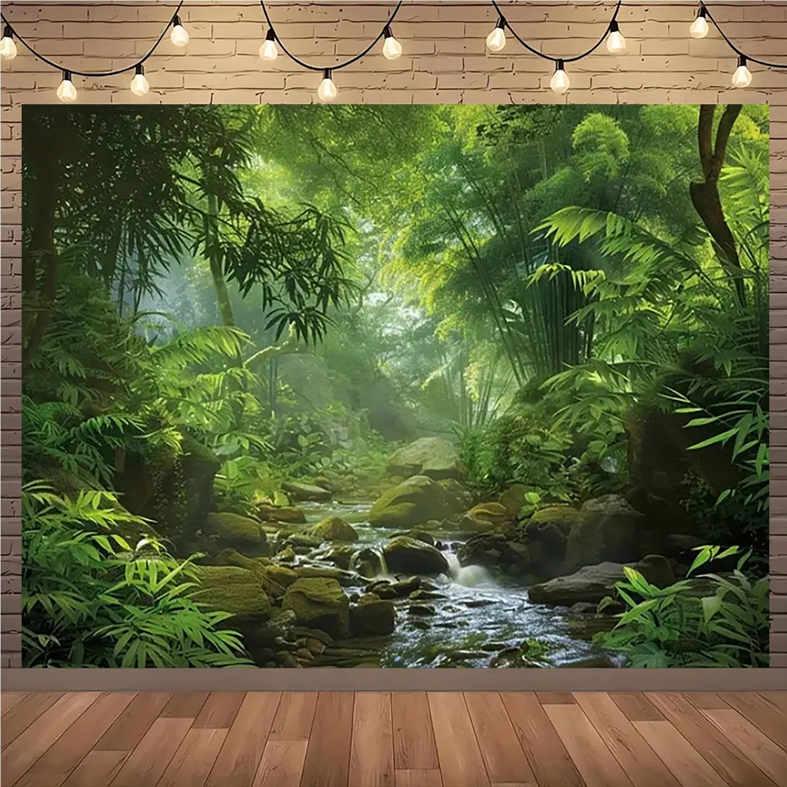 

Баннер с пышным зеленым лесом и поточным пейзажем - многофункциональное украшение, вечеринка, свадьба - прочный полиэстер