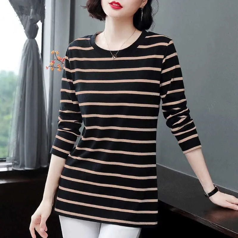 Casual Striped Print Bottoming Shirt Spring Autumn New Long Sleeve Plus Size Loose T Shirt Tops Vintage Fashion Women Clothing