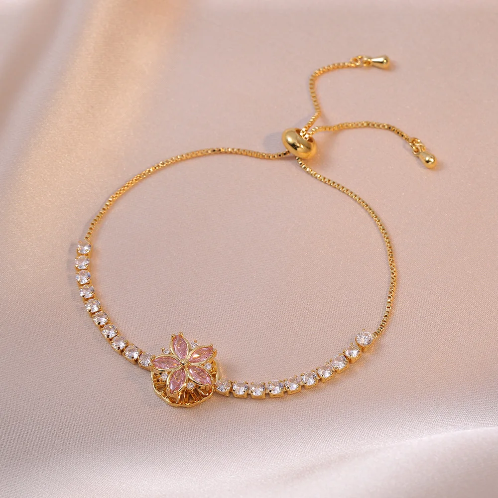 Pink Zircon Flower Ring & Stud Earrings Necklace Bracelet Set