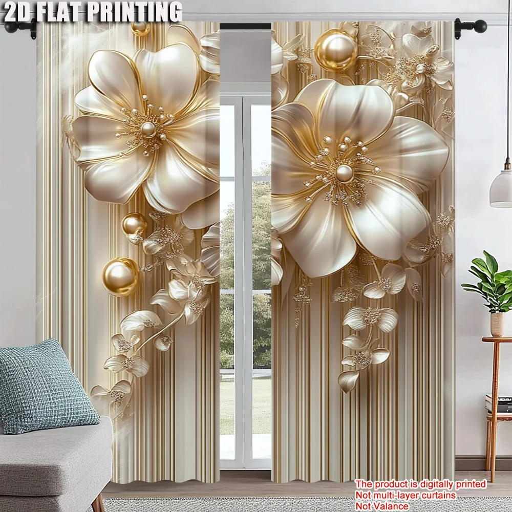 

2Pcs Victorian White Golden Floral Print Window Curtains Easy Hang Rod Pocket Design Polyester Drapes For Bedroom Bathroom