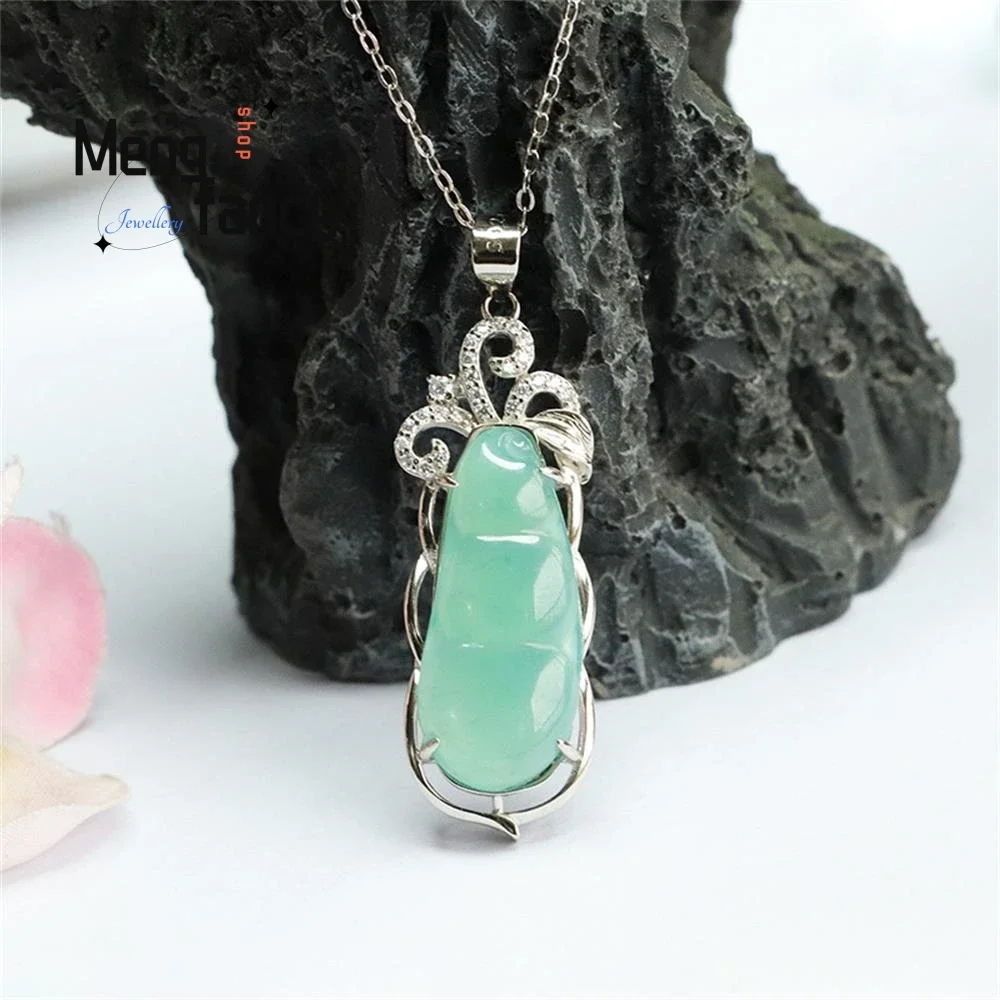 

S925 Silver Inlaid Natural Jadeite Ice Blue Water Four Season Bean Pendant Exquisite Elegant High-grade Luxury Fashion Jewelry