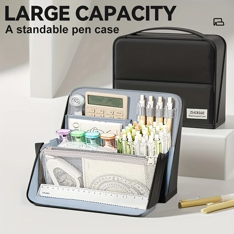 Large Capacity Standing Pencil Bag Magnetic Stationery Storage Handbag Portable Stationery Organizer 900D Oxford Cloth Office