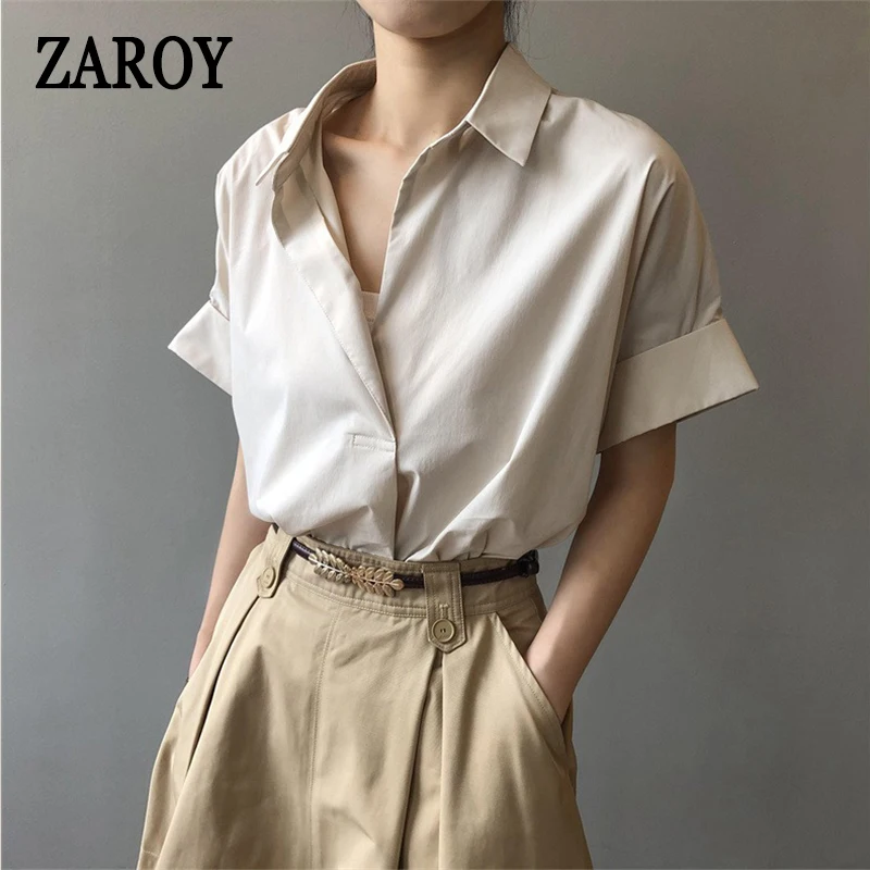 PLAZSON blusas para mujer 블라우스 Summer minimalist fashion V-neck loose bat sleeve top with short irregular shirt for women