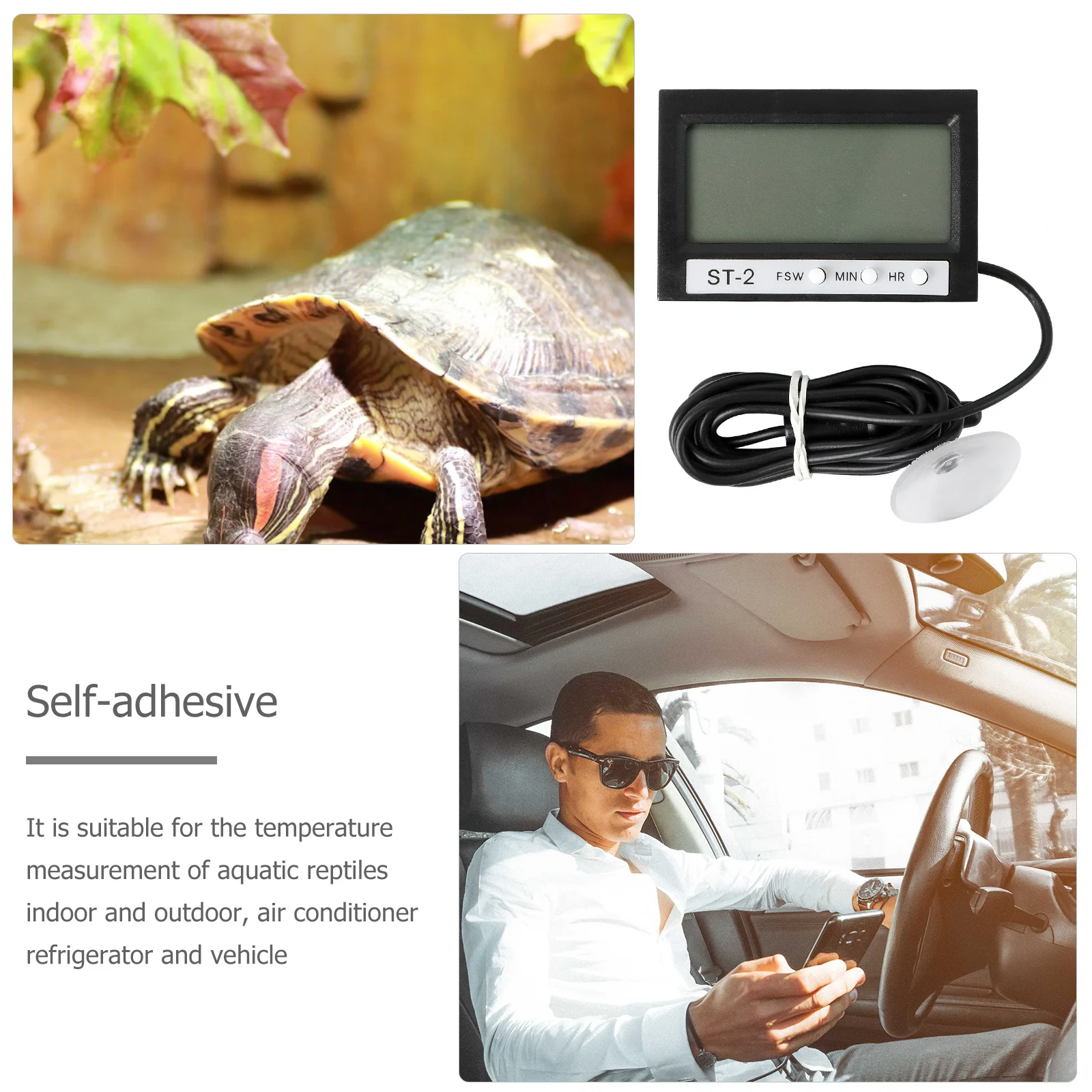 

Electronic Digital Thermometer Black Ultra-Thin Shell Dual Internal External Temperature Measurement Clock Display Self-Adhesive