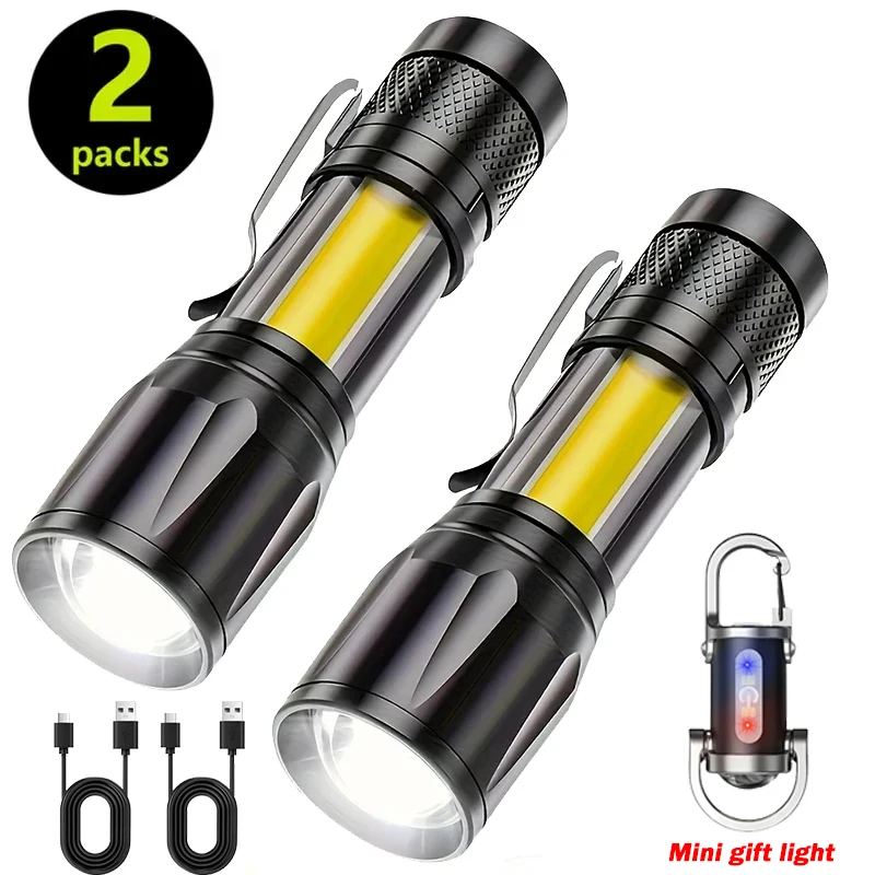 

Мощный мини-светодиодный фонарик COB + XPE с зумом, встроенный аккумулятор, USB перезаряжаемый светильник, уличный портативный аварийный светильник для кемпинга