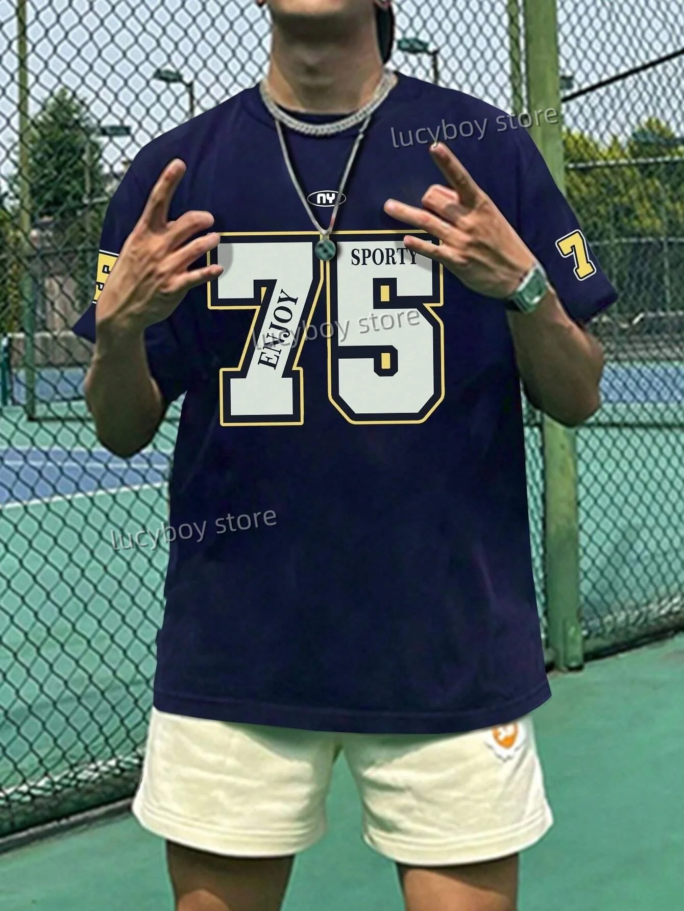 2025 Mens ENJOY SPORT NO.75 Print T-Shirt Man Short Sleeve Round Neck Tee Vintage Casual Mesh Jersey Oversize Tops Men Clothes